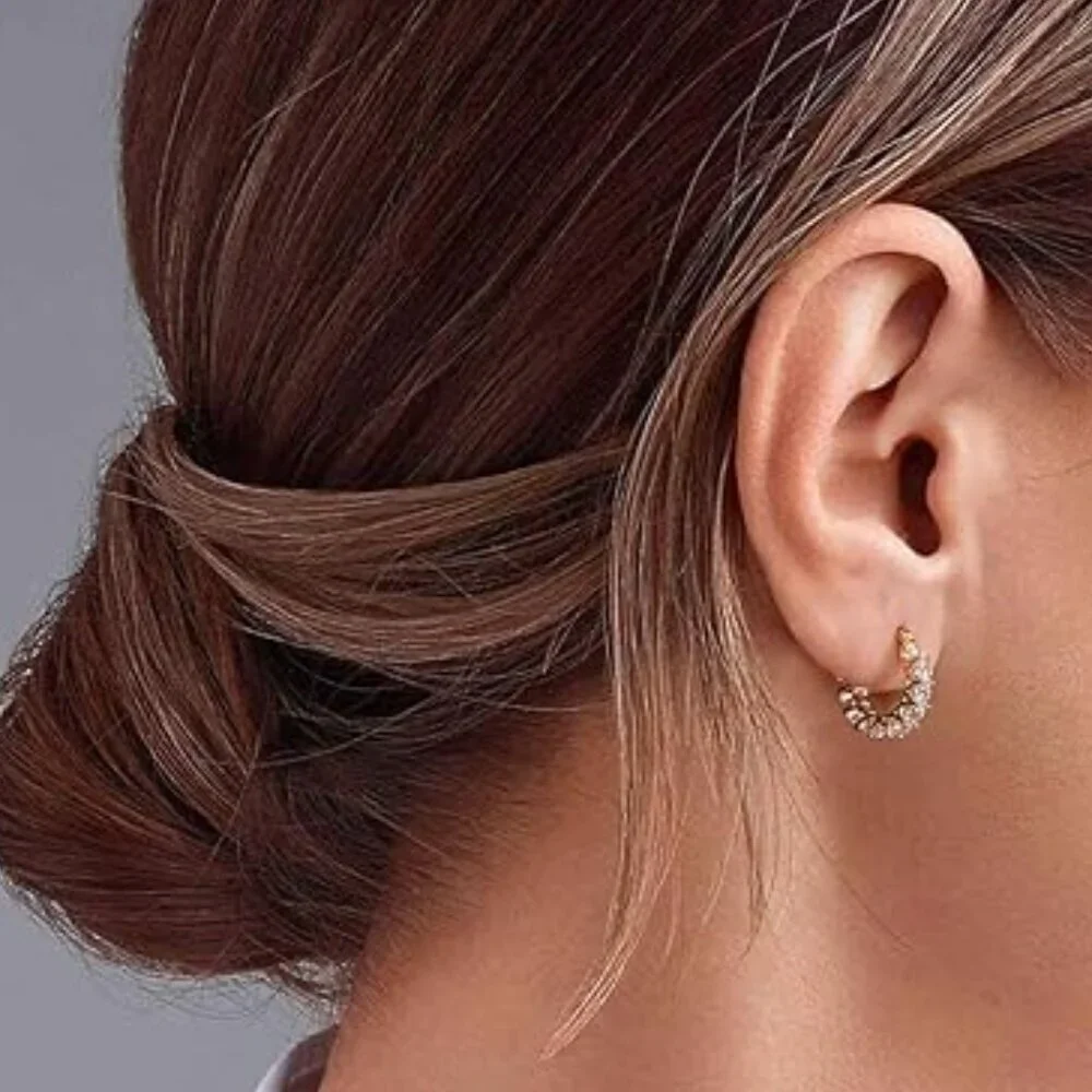 Women's 14K Gold Plated 925 Yellow Gold Cubic Zirconia Hoop Dainty Earrings - Picture 5 of 6